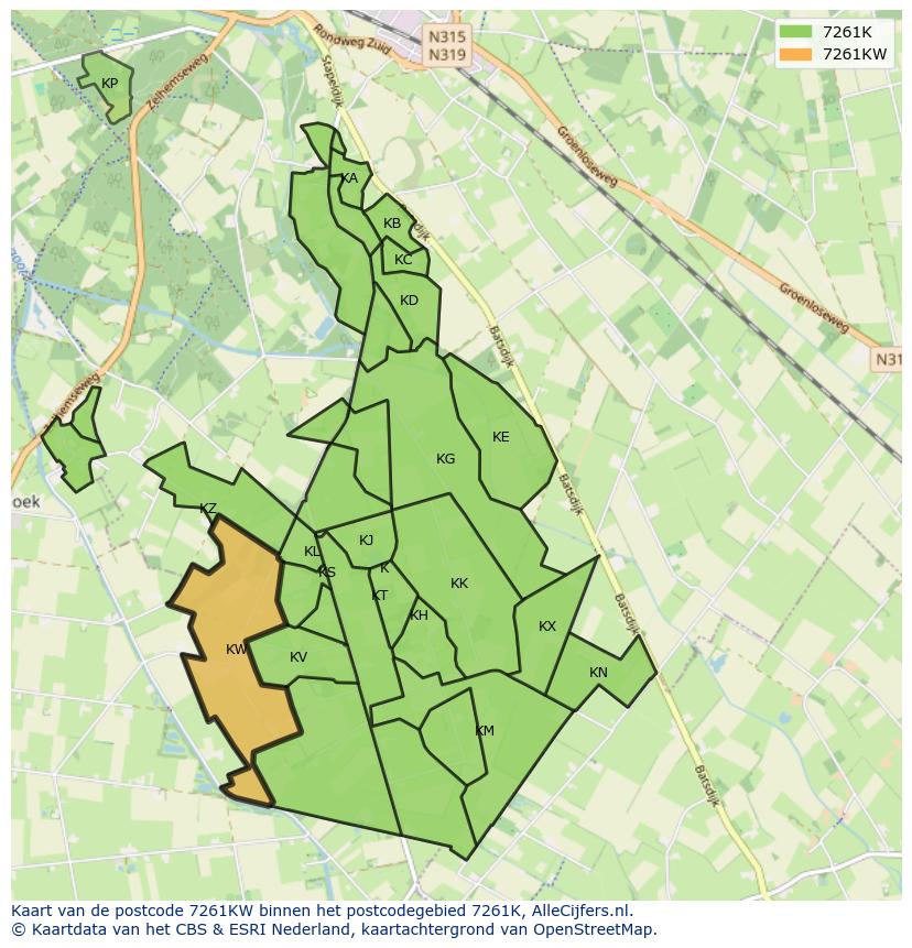 Afbeelding van het postcodegebied 7261 KW op de kaart.