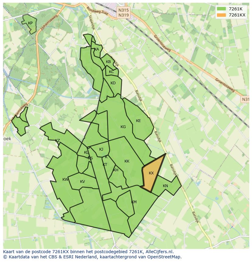 Afbeelding van het postcodegebied 7261 KX op de kaart.