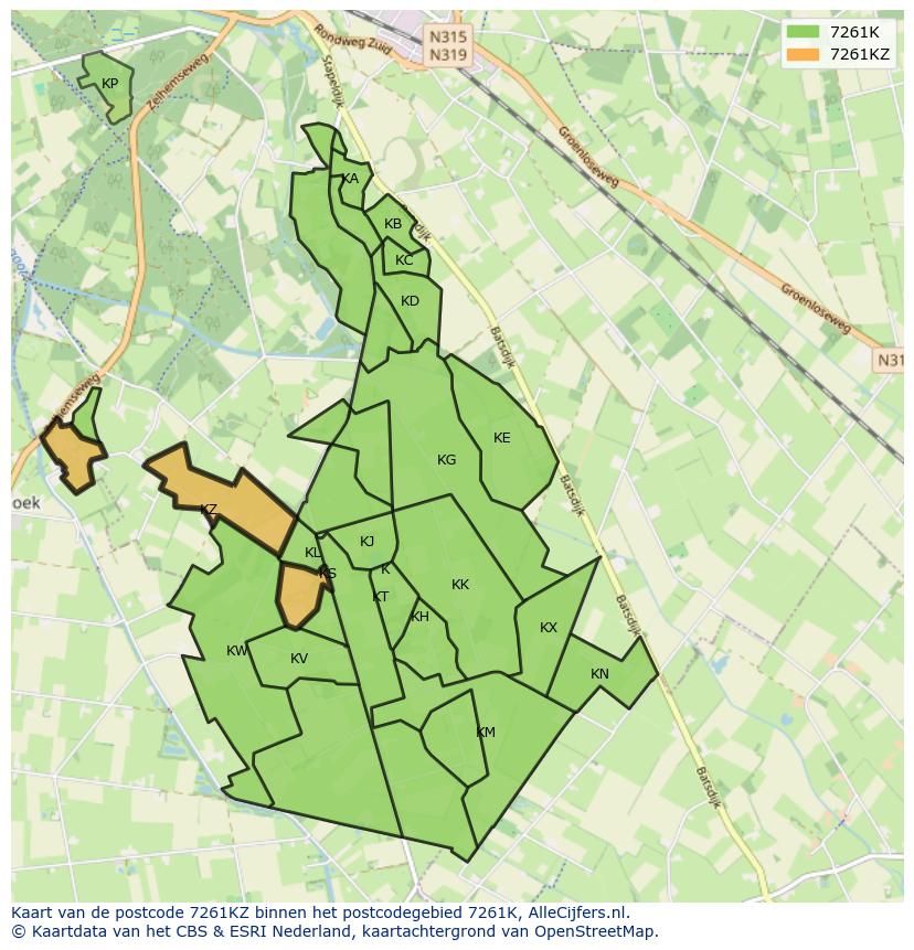 Afbeelding van het postcodegebied 7261 KZ op de kaart.
