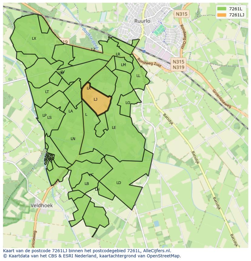 Afbeelding van het postcodegebied 7261 LJ op de kaart.