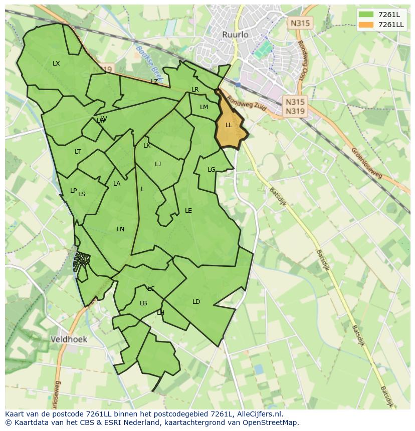 Afbeelding van het postcodegebied 7261 LL op de kaart.