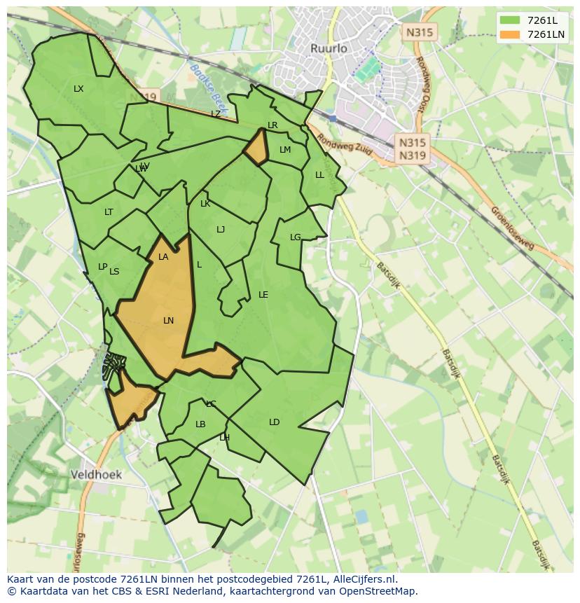 Afbeelding van het postcodegebied 7261 LN op de kaart.