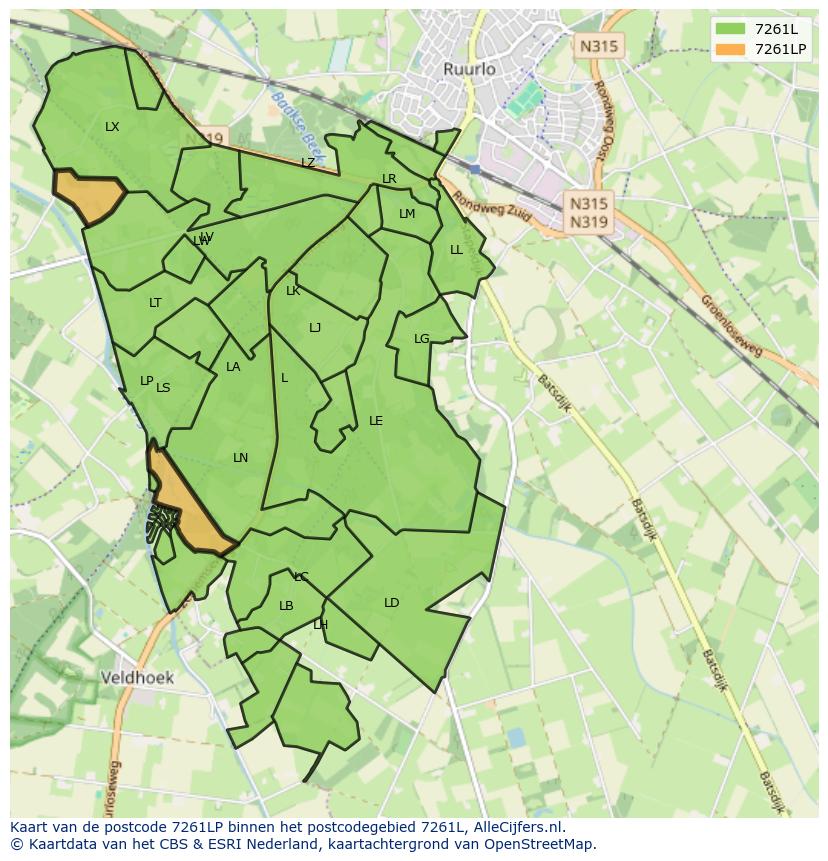 Afbeelding van het postcodegebied 7261 LP op de kaart.