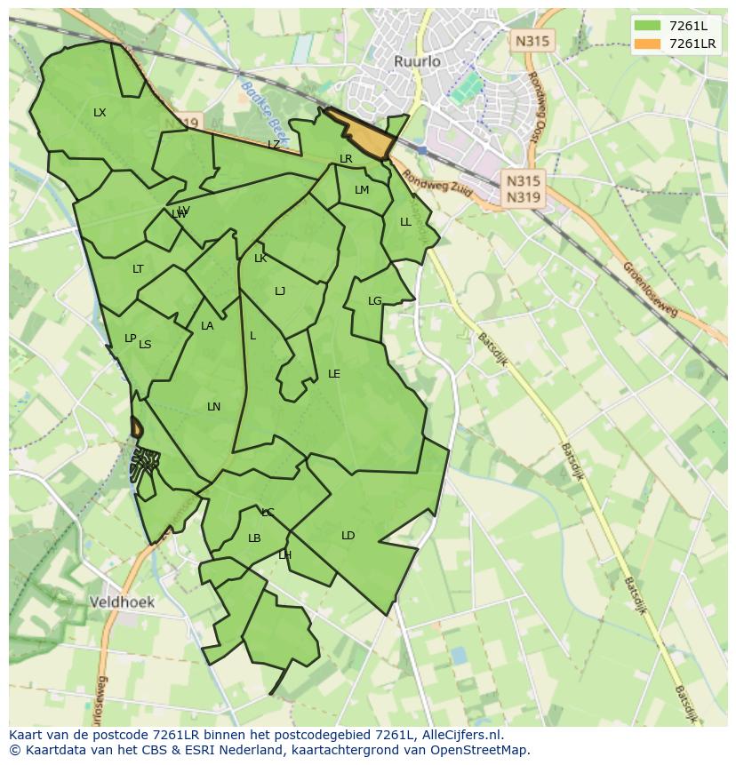 Afbeelding van het postcodegebied 7261 LR op de kaart.