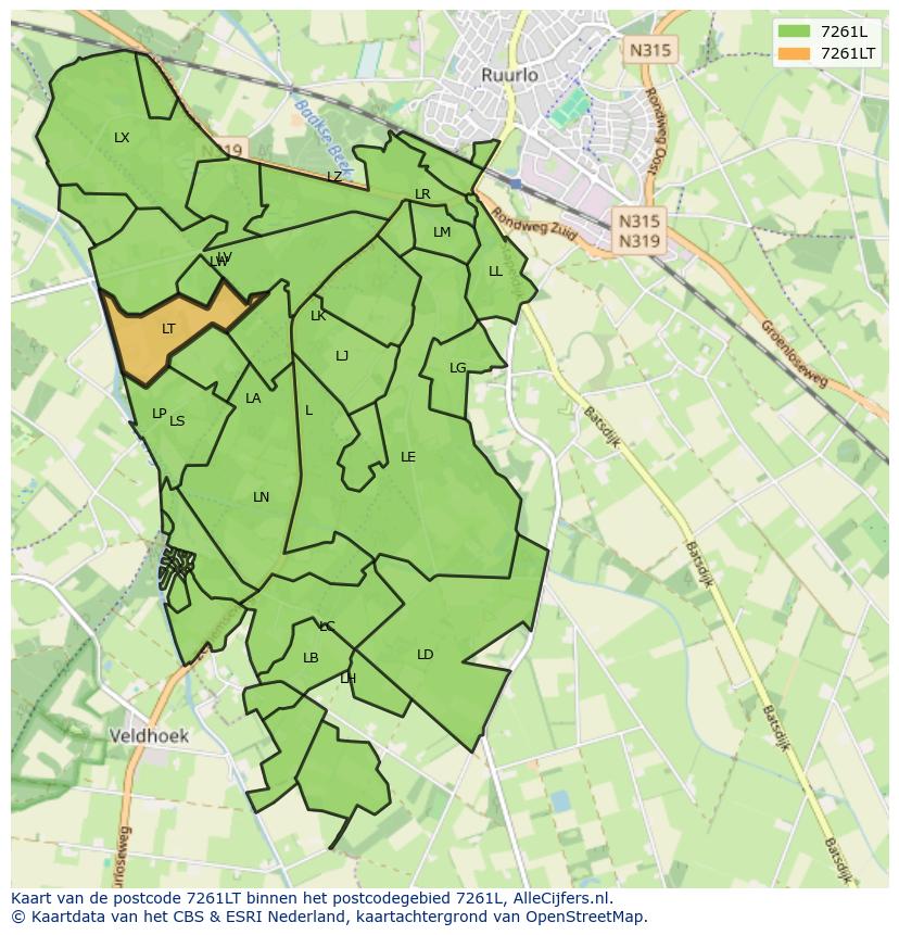 Afbeelding van het postcodegebied 7261 LT op de kaart.