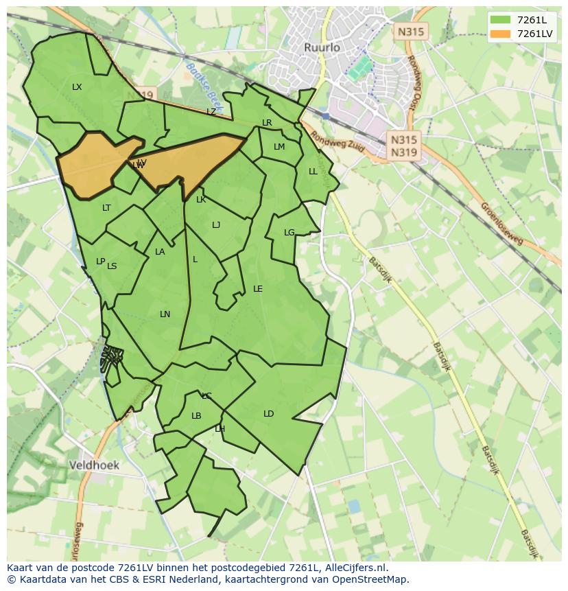 Afbeelding van het postcodegebied 7261 LV op de kaart.