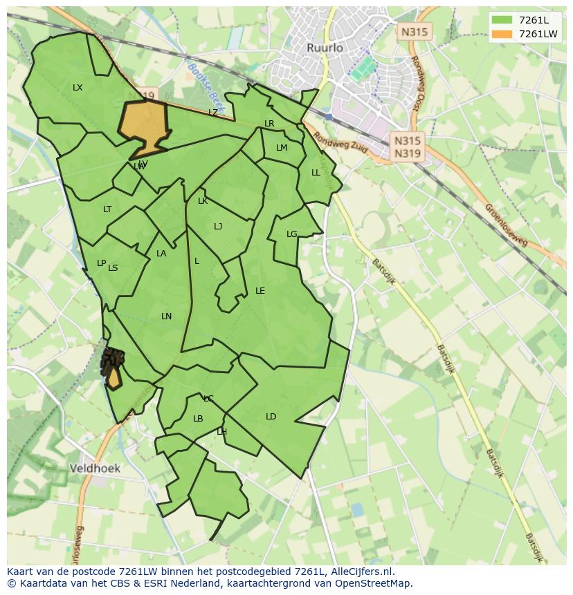 Afbeelding van het postcodegebied 7261 LW op de kaart.