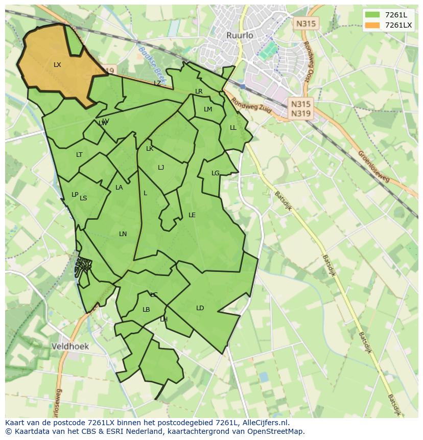 Afbeelding van het postcodegebied 7261 LX op de kaart.