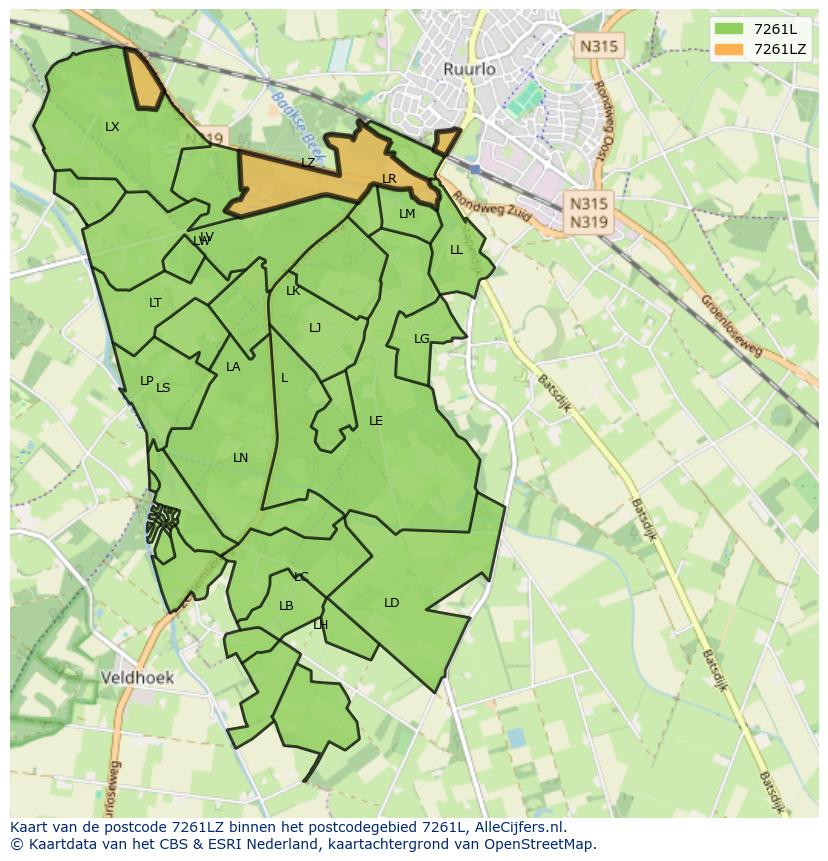 Afbeelding van het postcodegebied 7261 LZ op de kaart.