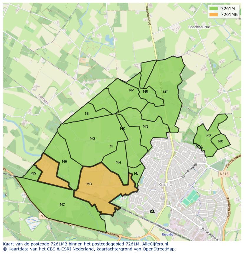 Afbeelding van het postcodegebied 7261 MB op de kaart.
