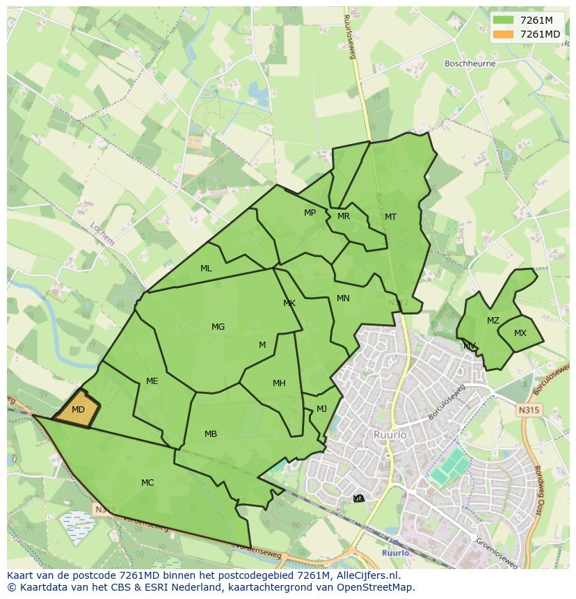 Afbeelding van het postcodegebied 7261 MD op de kaart.