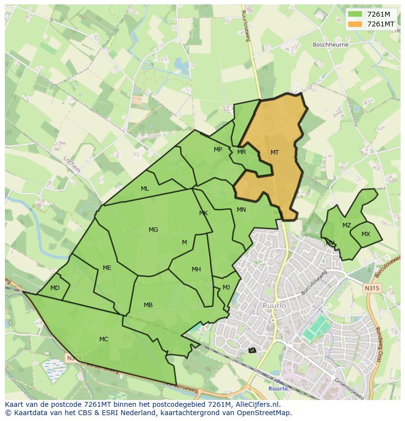 Afbeelding van het postcodegebied 7261 MT op de kaart.