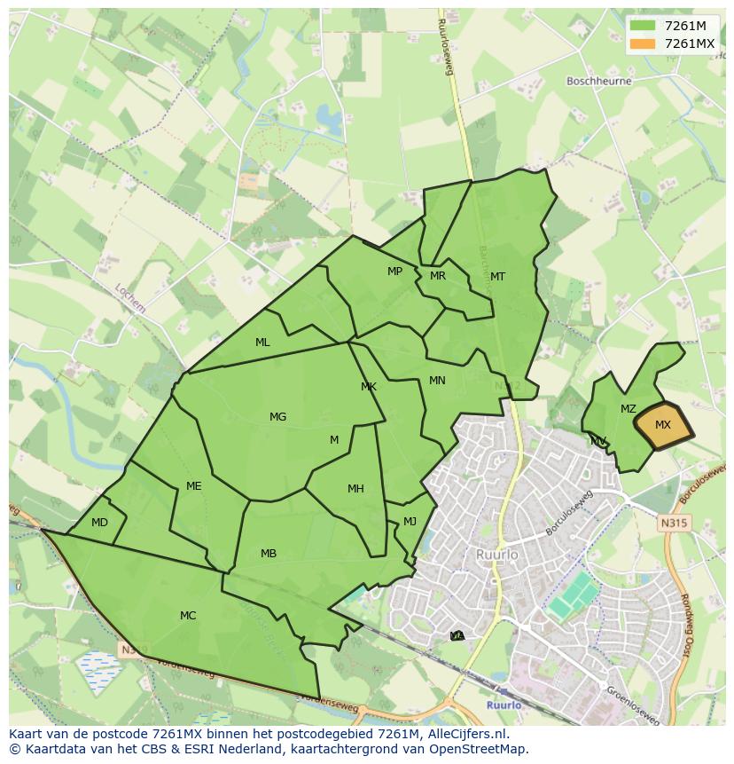 Afbeelding van het postcodegebied 7261 MX op de kaart.
