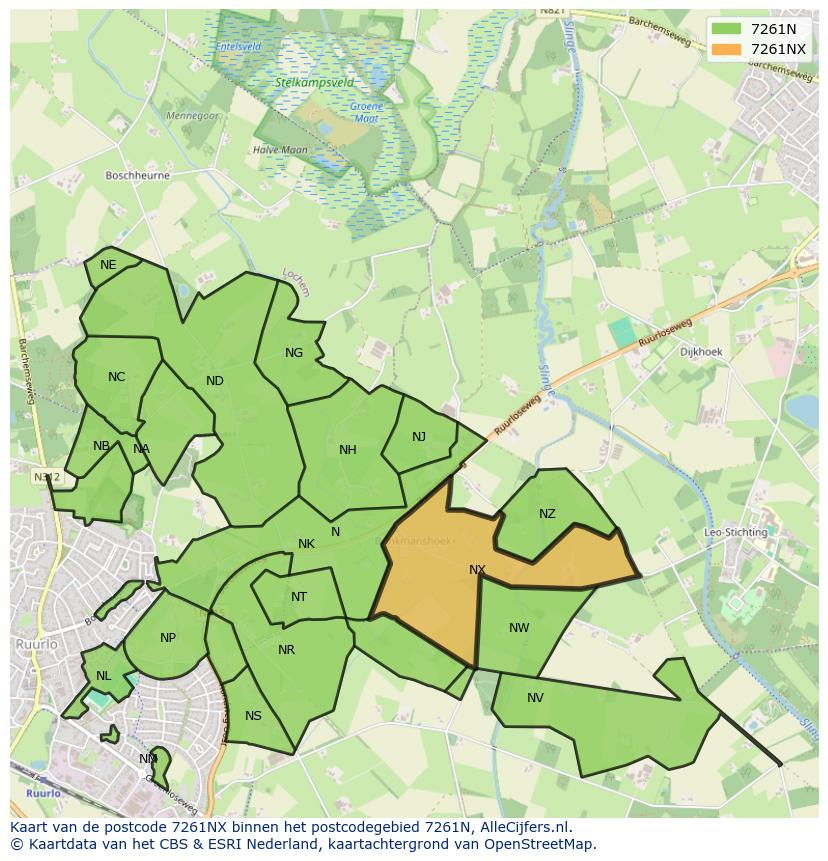 Afbeelding van het postcodegebied 7261 NX op de kaart.
