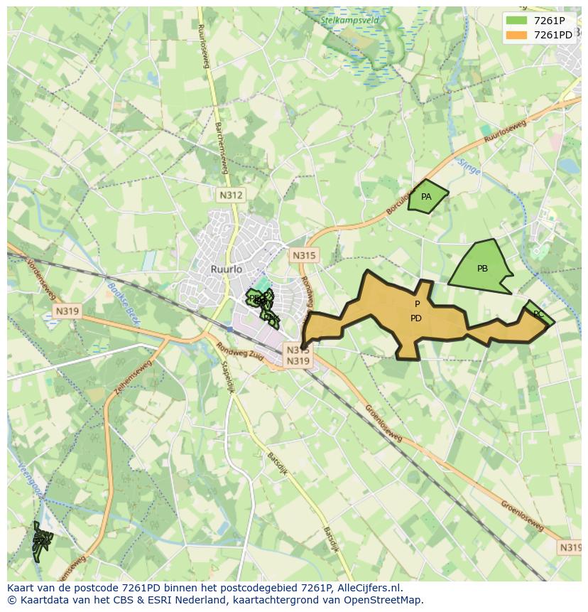 Afbeelding van het postcodegebied 7261 PD op de kaart.