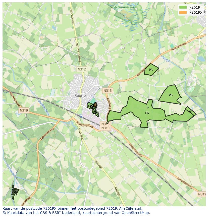 Afbeelding van het postcodegebied 7261 PX op de kaart.
