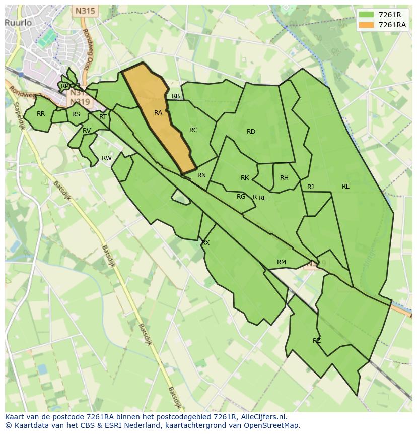 Afbeelding van het postcodegebied 7261 RA op de kaart.