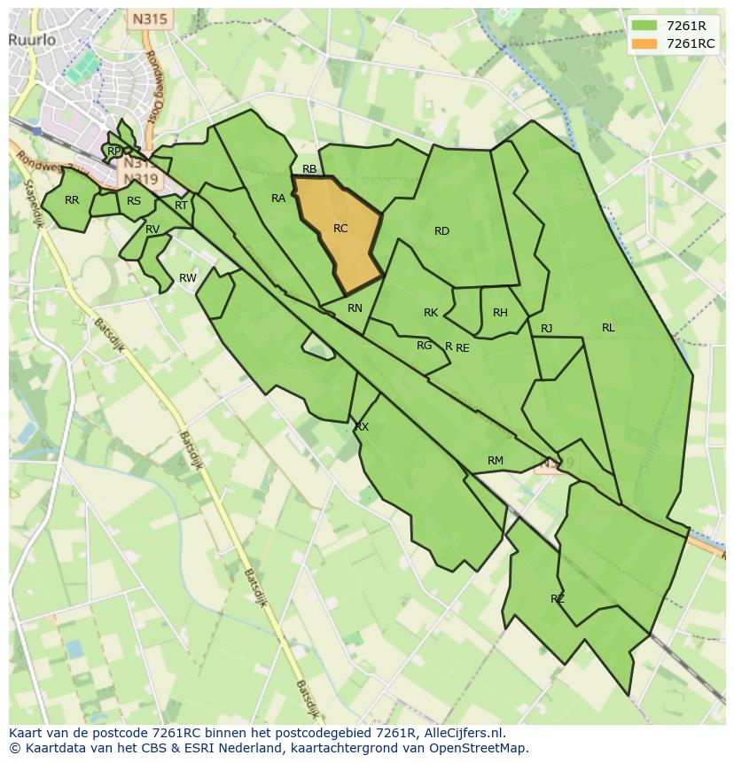 Afbeelding van het postcodegebied 7261 RC op de kaart.