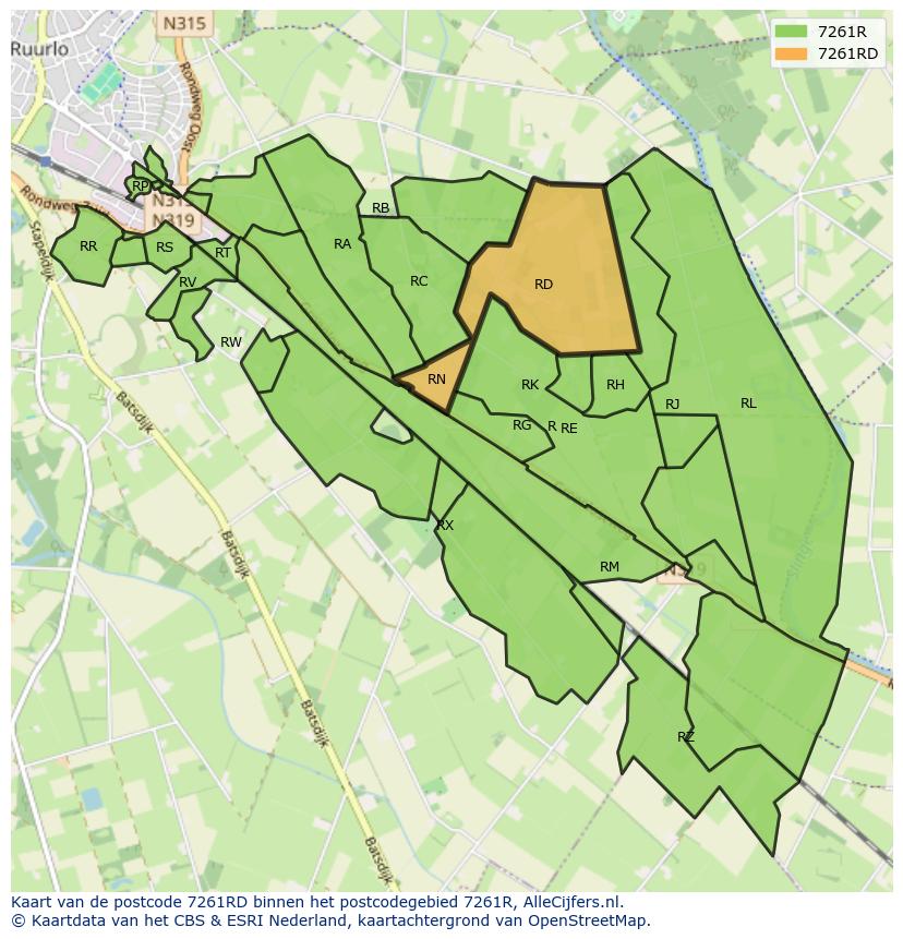 Afbeelding van het postcodegebied 7261 RD op de kaart.