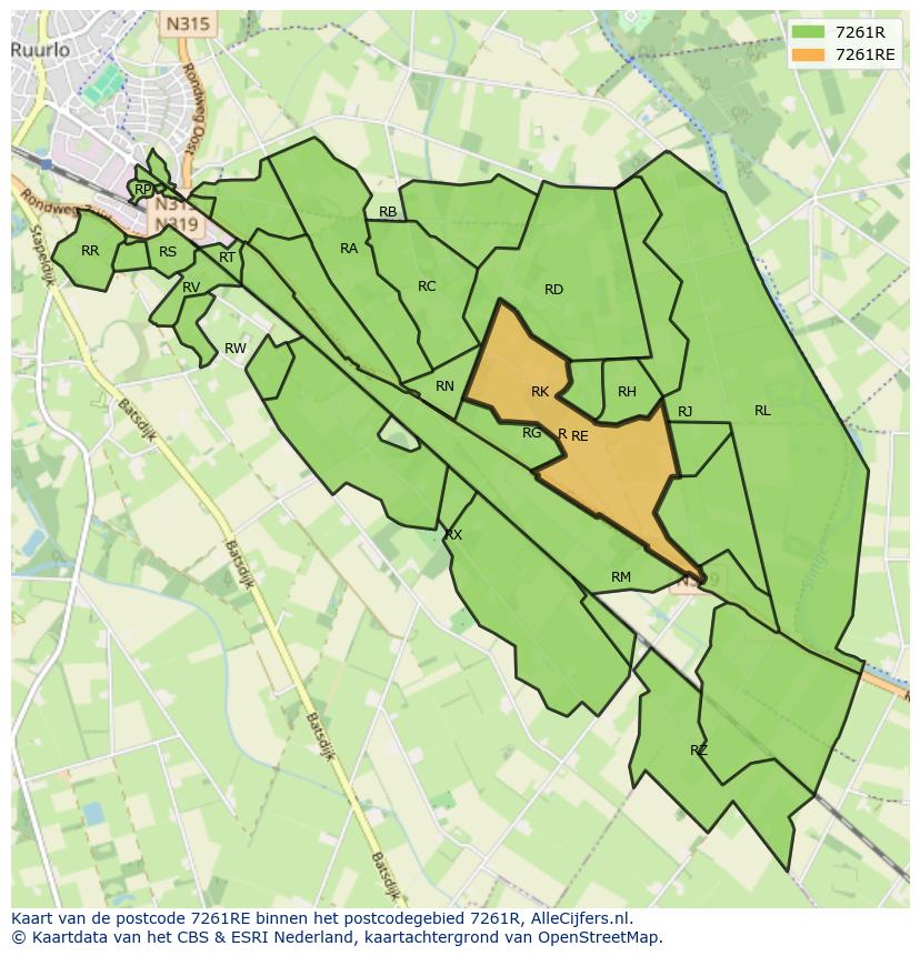 Afbeelding van het postcodegebied 7261 RE op de kaart.