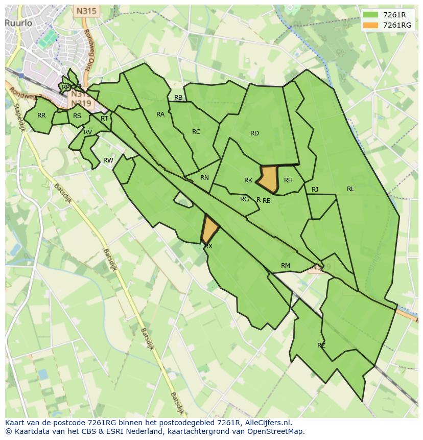 Afbeelding van het postcodegebied 7261 RG op de kaart.