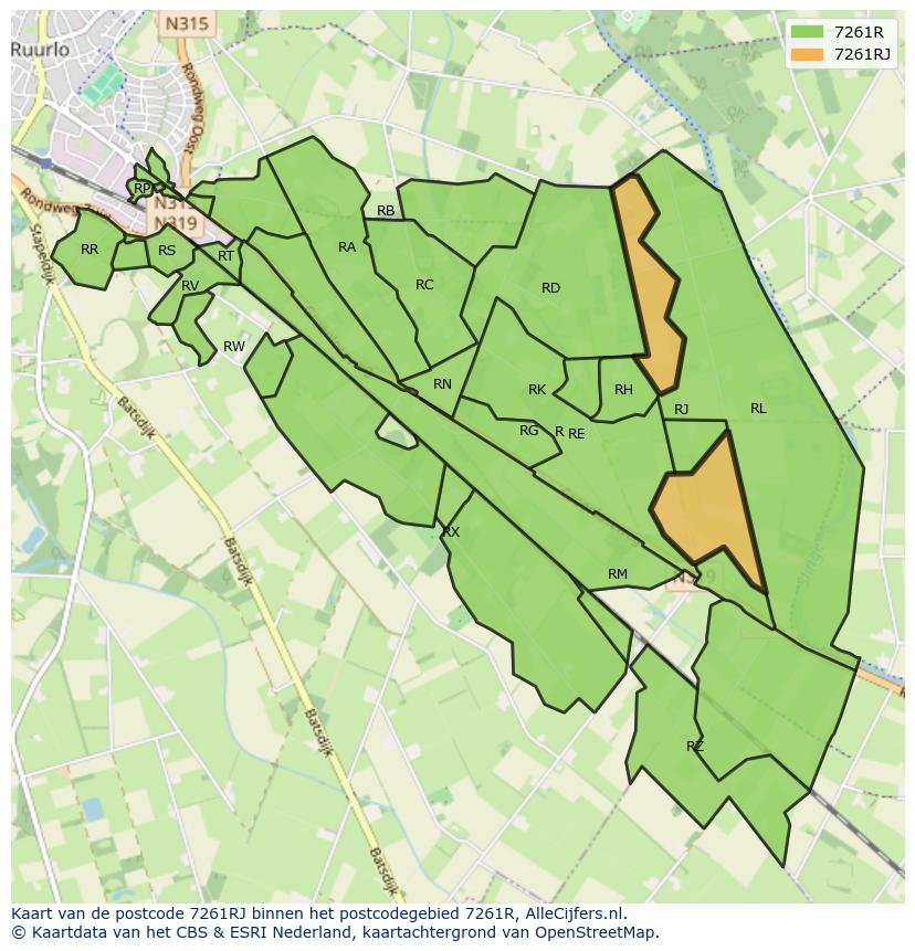 Afbeelding van het postcodegebied 7261 RJ op de kaart.