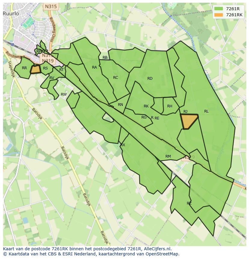Afbeelding van het postcodegebied 7261 RK op de kaart.