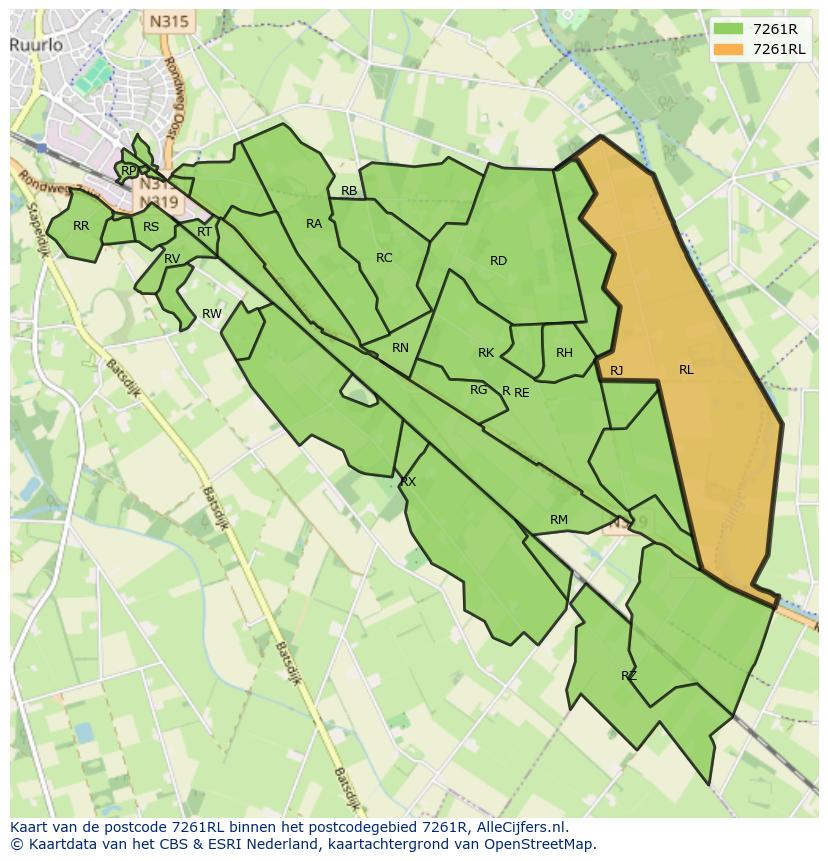 Afbeelding van het postcodegebied 7261 RL op de kaart.