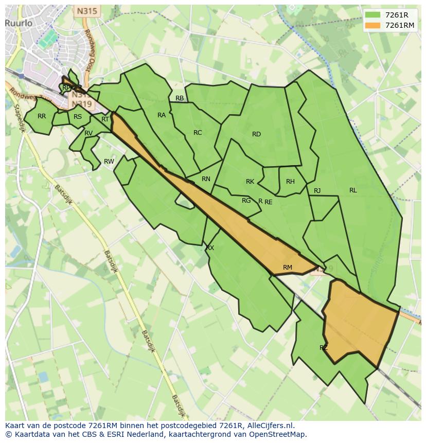 Afbeelding van het postcodegebied 7261 RM op de kaart.