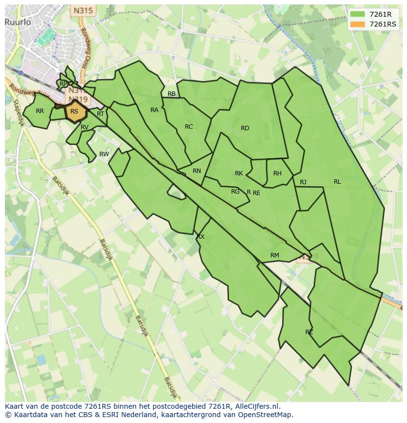 Afbeelding van het postcodegebied 7261 RS op de kaart.