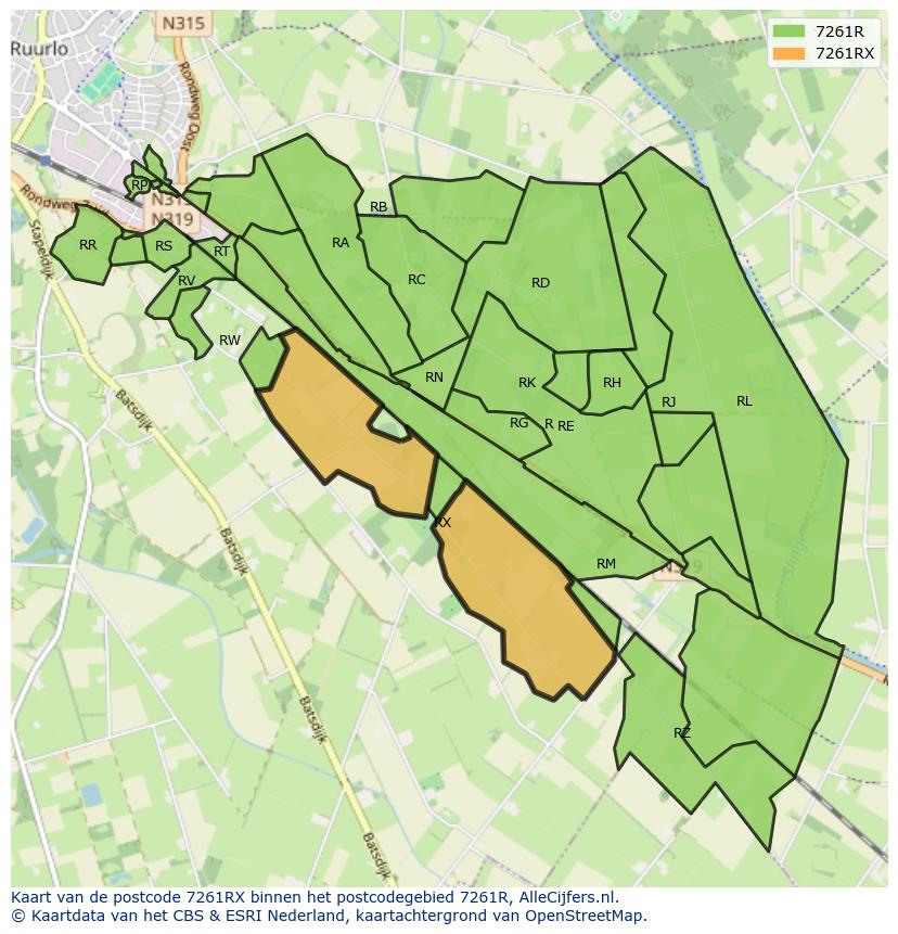 Afbeelding van het postcodegebied 7261 RX op de kaart.