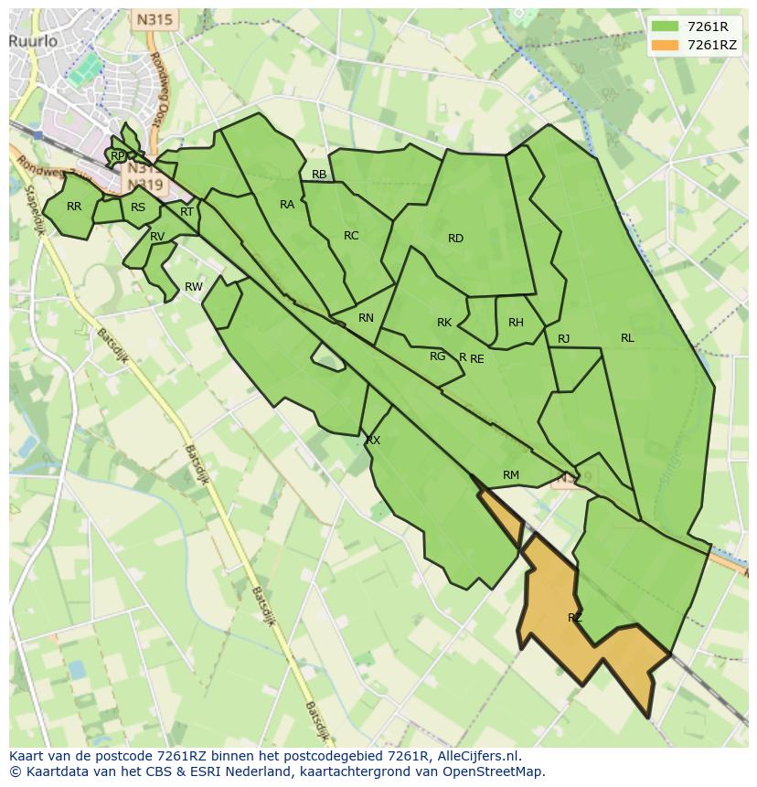 Afbeelding van het postcodegebied 7261 RZ op de kaart.