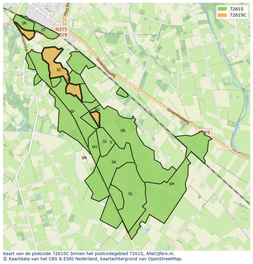 Afbeelding van het postcodegebied 7261 SC op de kaart.