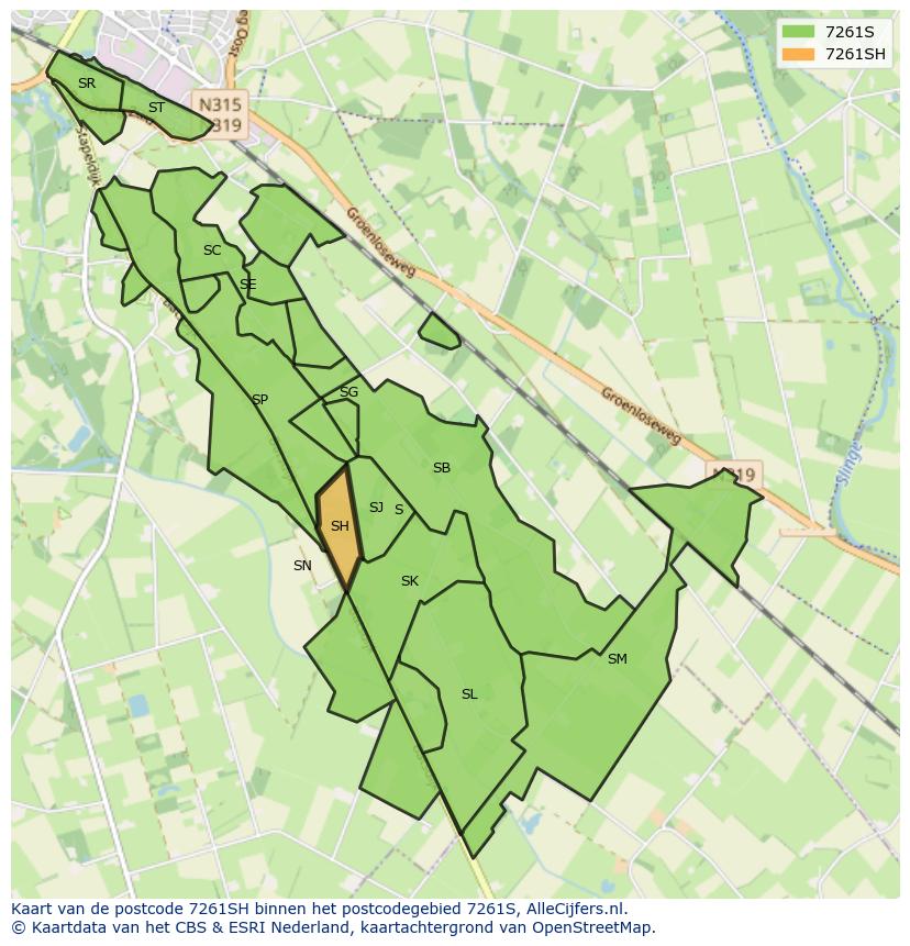 Afbeelding van het postcodegebied 7261 SH op de kaart.