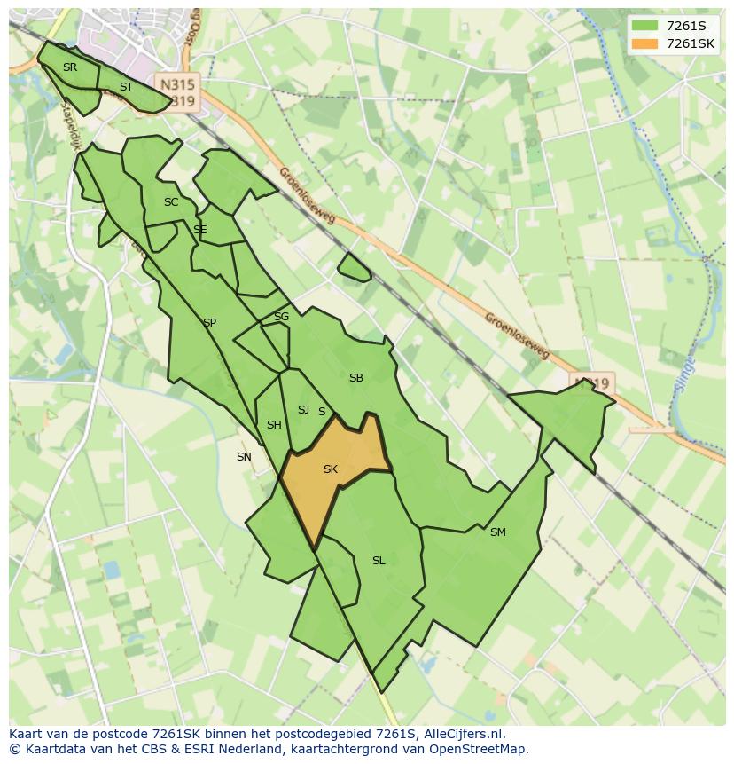 Afbeelding van het postcodegebied 7261 SK op de kaart.