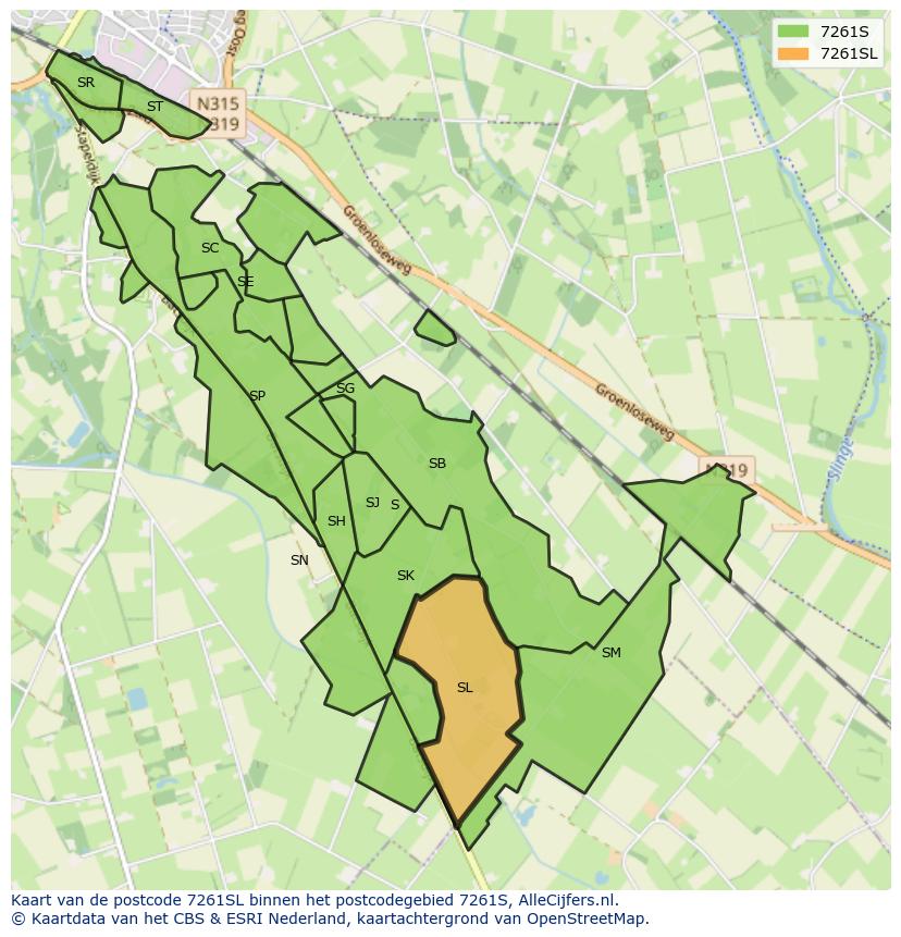 Afbeelding van het postcodegebied 7261 SL op de kaart.