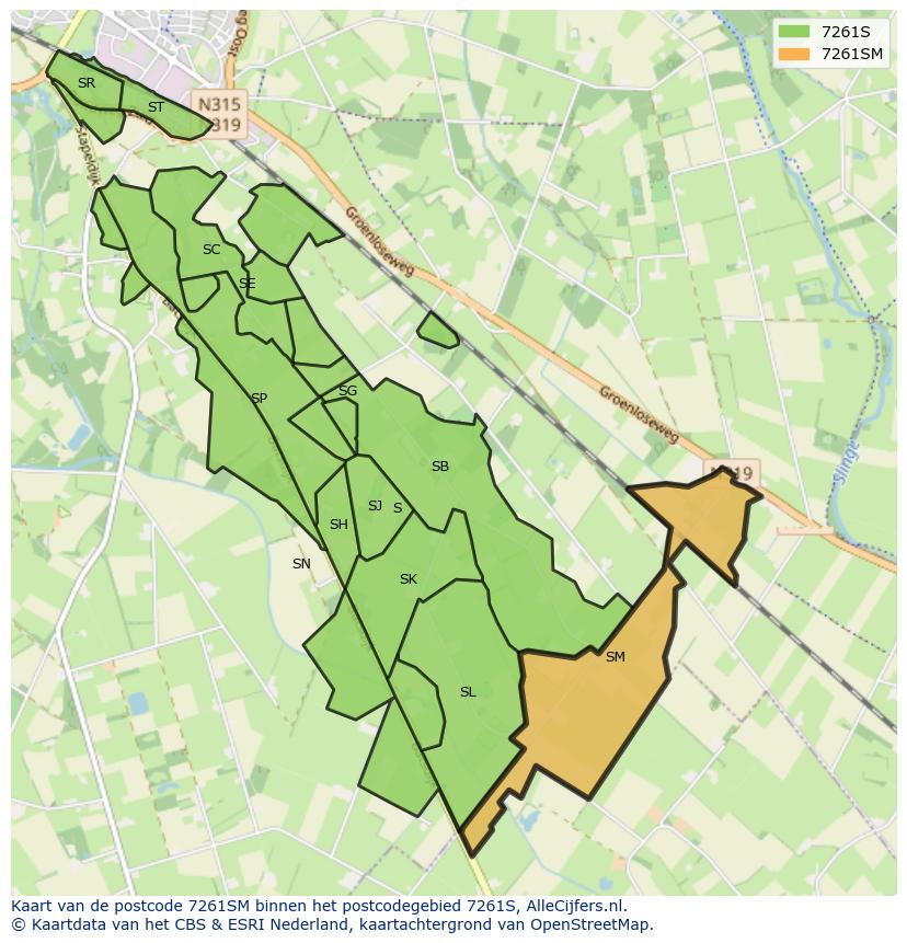Afbeelding van het postcodegebied 7261 SM op de kaart.