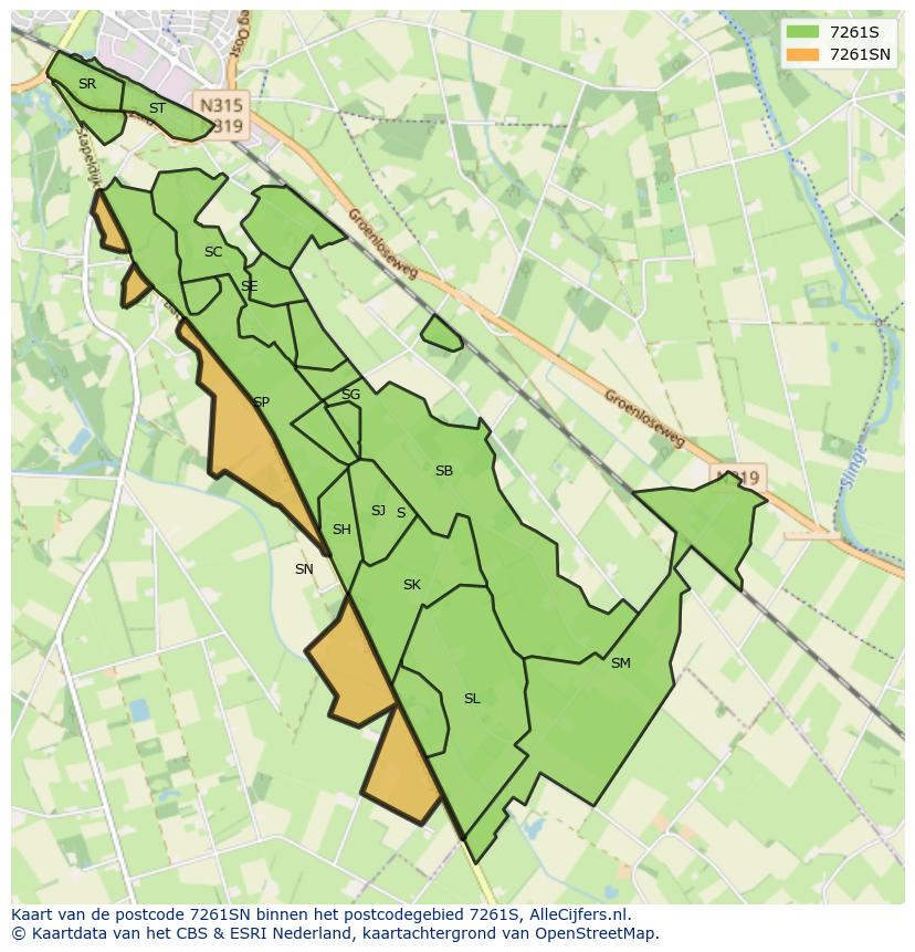 Afbeelding van het postcodegebied 7261 SN op de kaart.