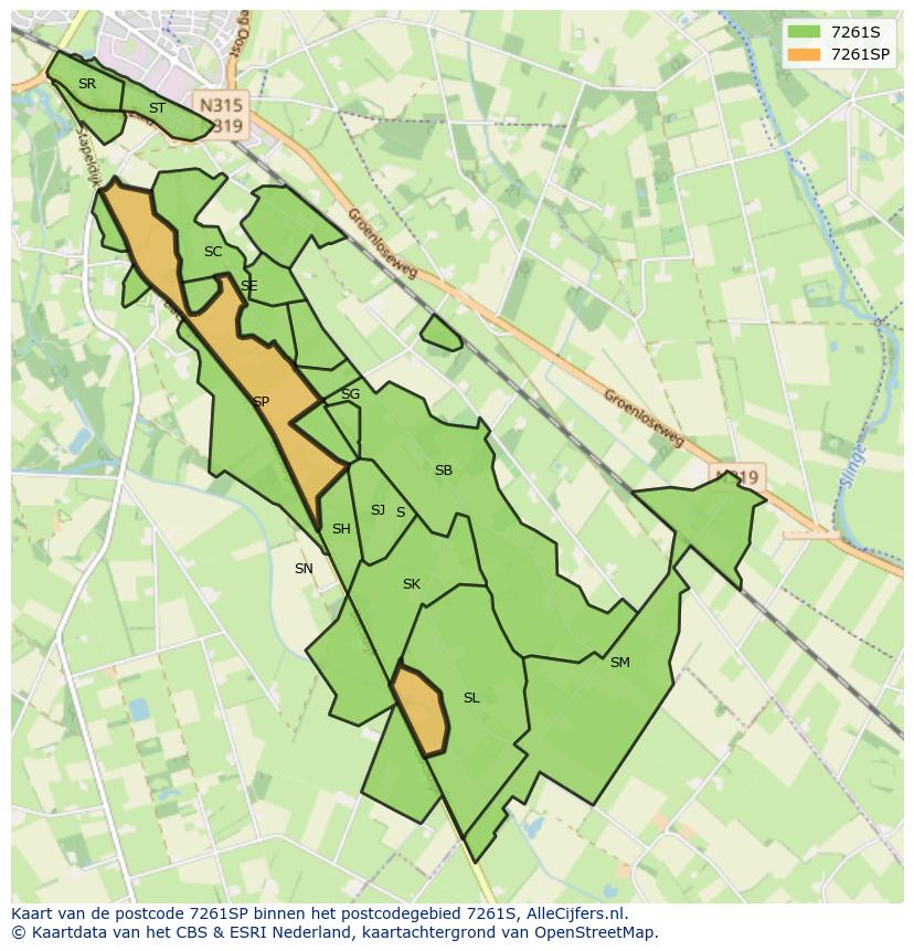 Afbeelding van het postcodegebied 7261 SP op de kaart.