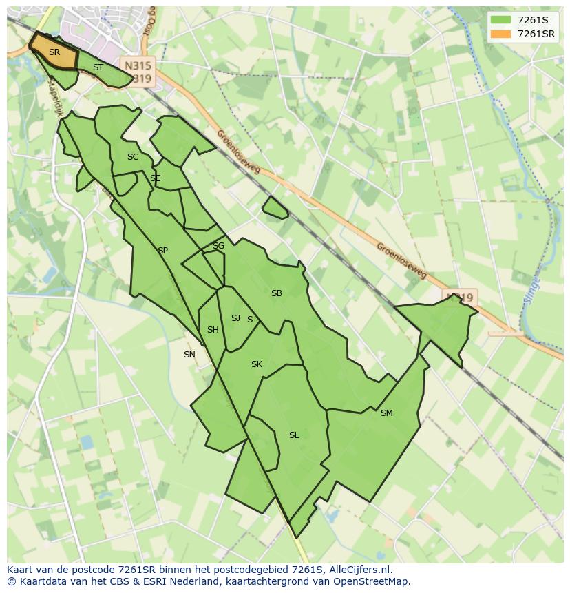Afbeelding van het postcodegebied 7261 SR op de kaart.