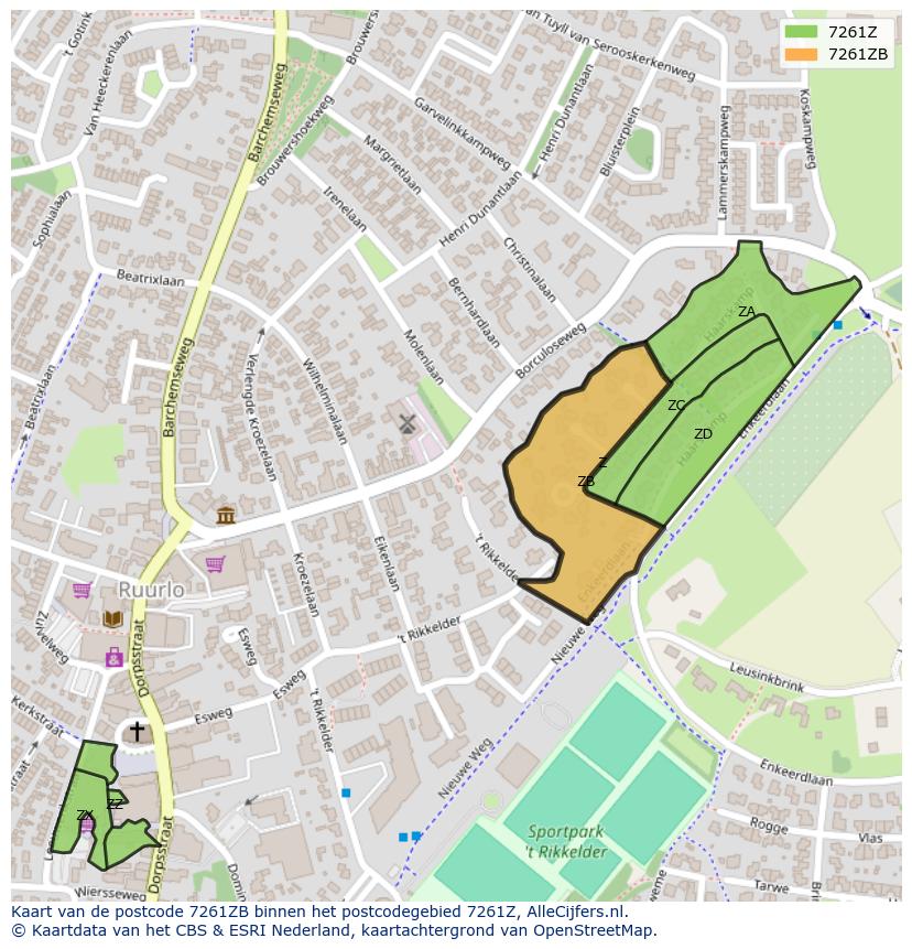 Afbeelding van het postcodegebied 7261 ZB op de kaart.