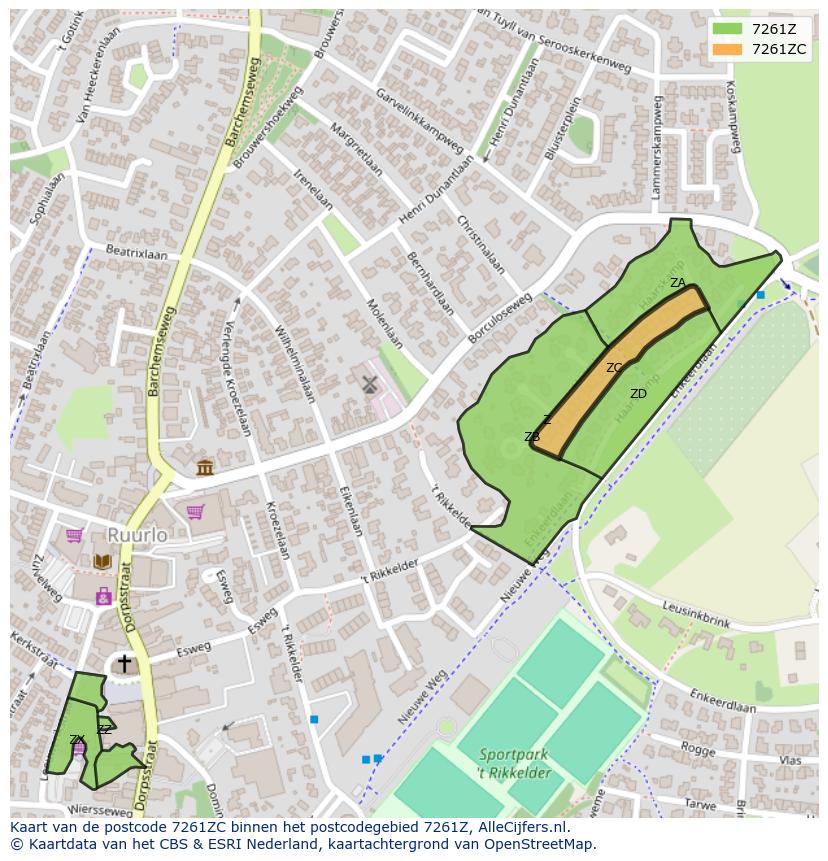 Afbeelding van het postcodegebied 7261 ZC op de kaart.