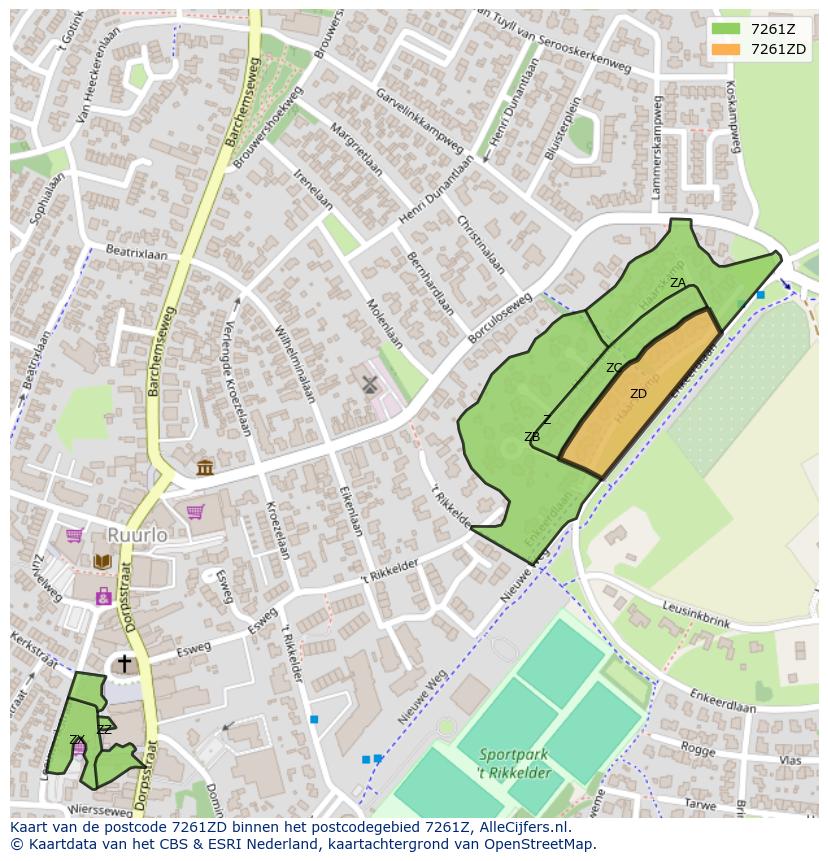 Afbeelding van het postcodegebied 7261 ZD op de kaart.