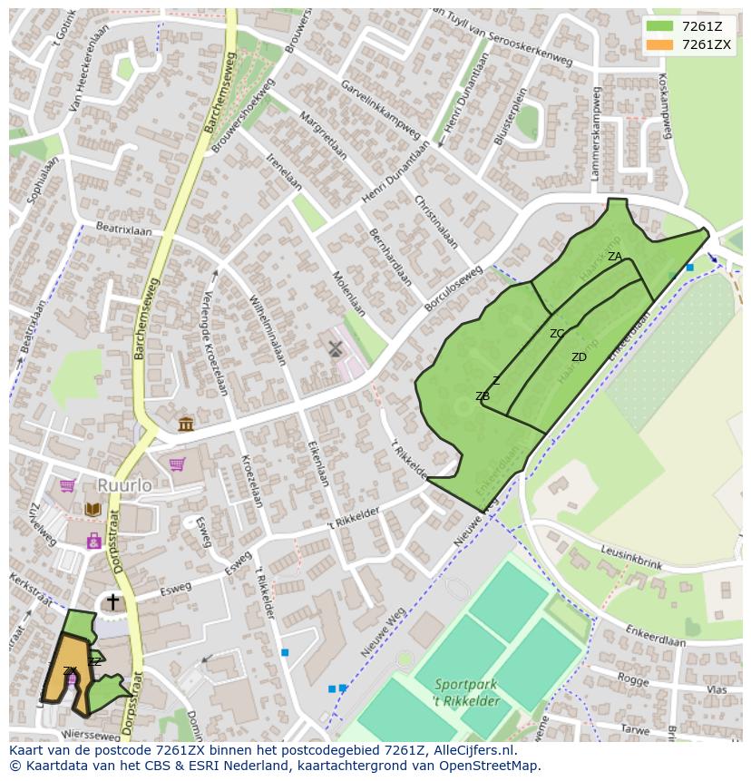 Afbeelding van het postcodegebied 7261 ZX op de kaart.