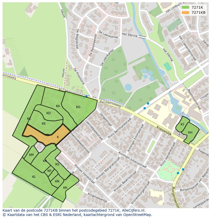 Afbeelding van het postcodegebied 7271 KB op de kaart.