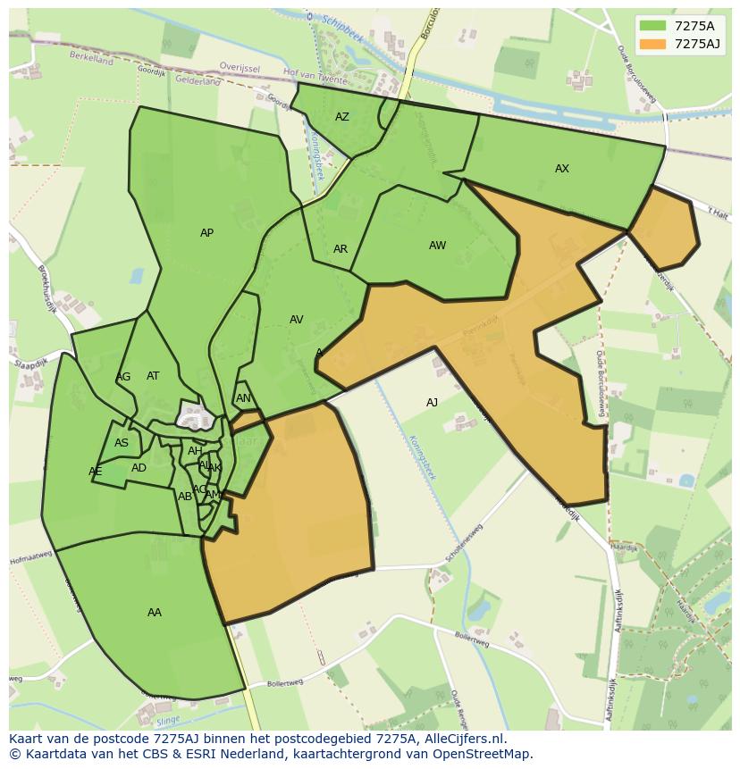 Afbeelding van het postcodegebied 7275 AJ op de kaart.