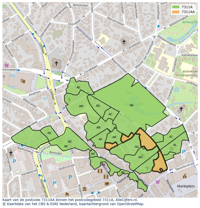 Afbeelding van het postcodegebied 7311 AA op de kaart.