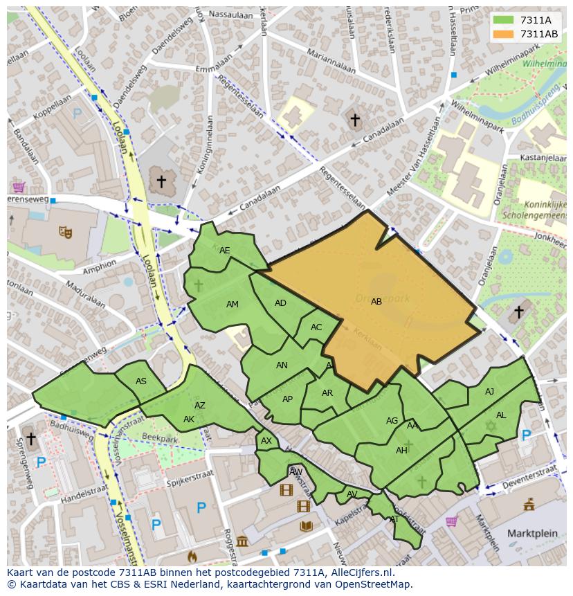 Afbeelding van het postcodegebied 7311 AB op de kaart.