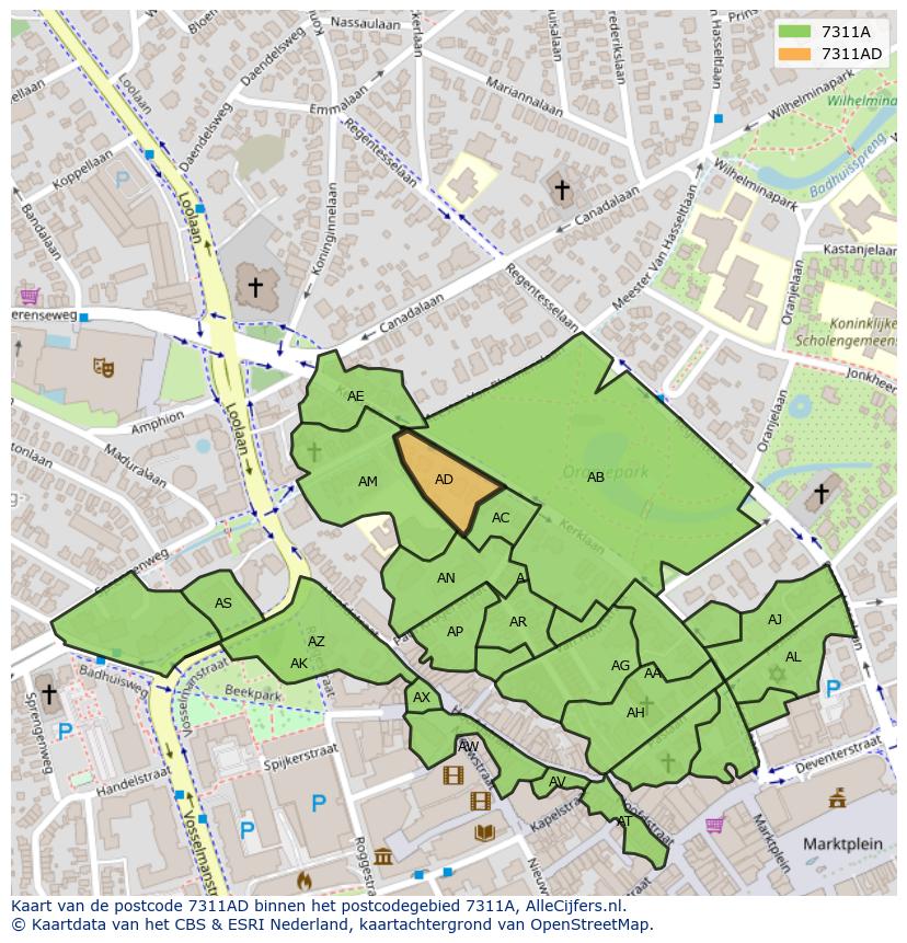 Afbeelding van het postcodegebied 7311 AD op de kaart.