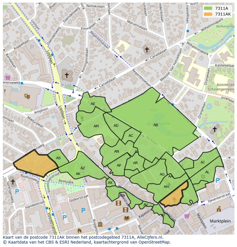 Afbeelding van het postcodegebied 7311 AK op de kaart.